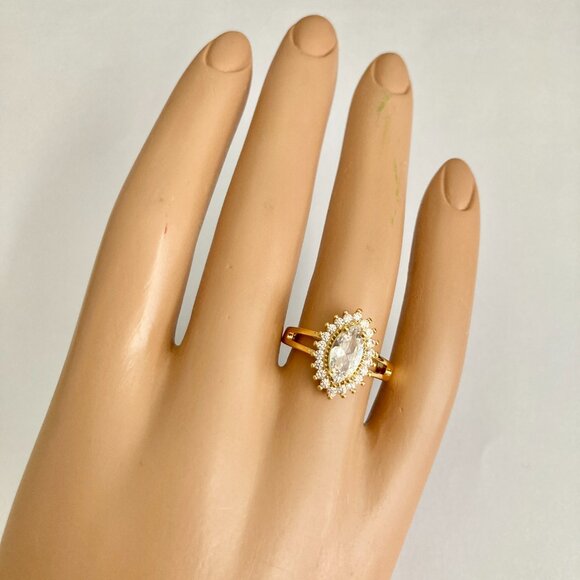 Marquise Cut Cubic Zirconia Halo Cocktail Ring Yellow Gold Plated Size 7 8 9 - Picture 5 of 12